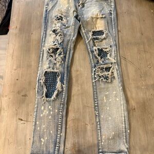 Men's Slim Ripped Jeans in Light Blue with Patch Detail 32x32